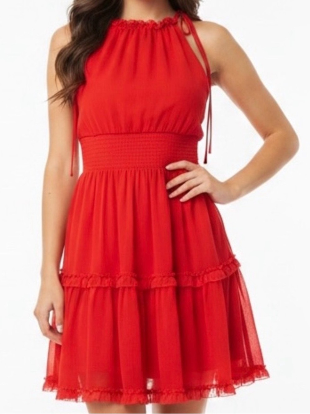 Banana Republic Red Tiered Ruffle Smocked Dress Adjustable Shoulder Ties | NWT